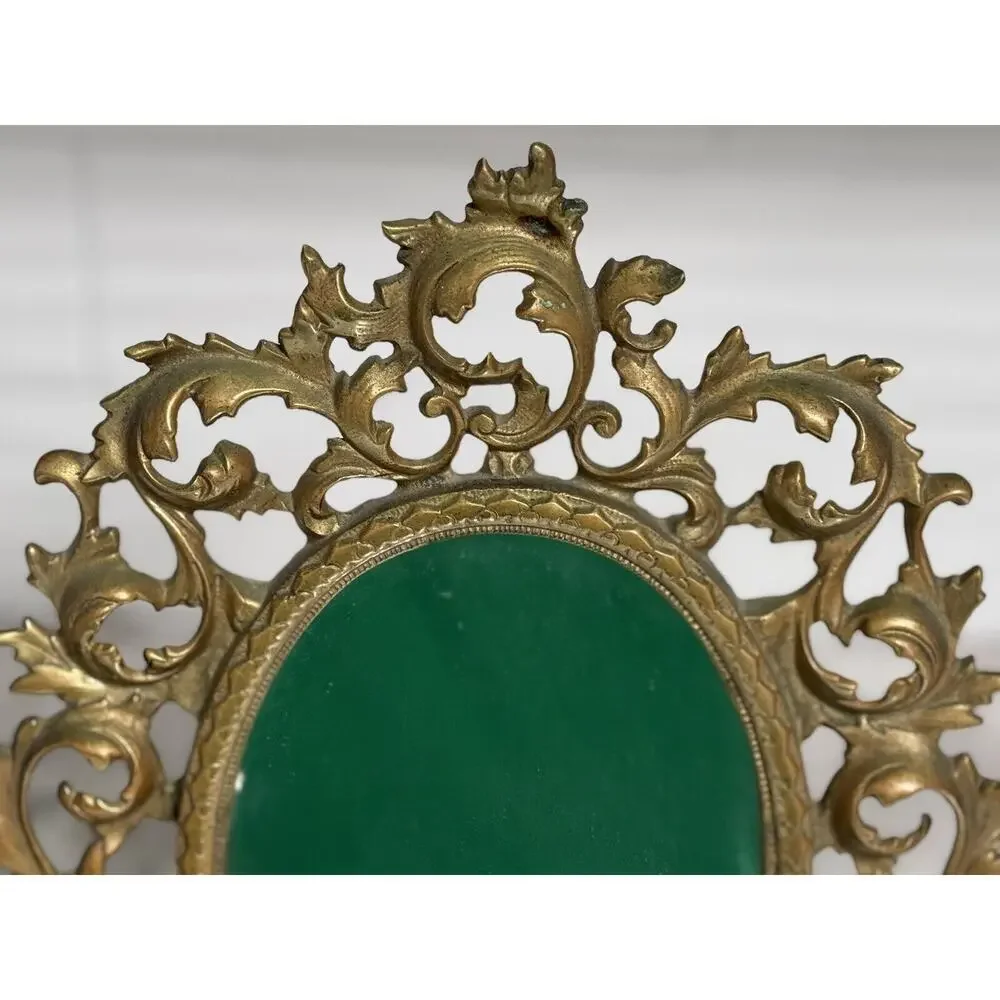 Antique Victorian Heavy Brass Art Nouveau Oval Self Standing Glass Mirror
